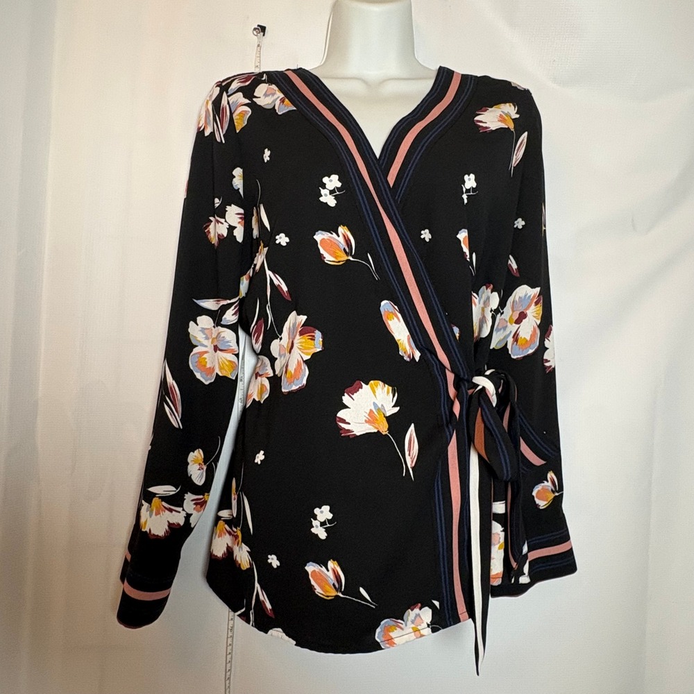 Halogen Womens Black Dark Floral Wrap Tie‎ Blouse L/S Small Romantic Work Luxury